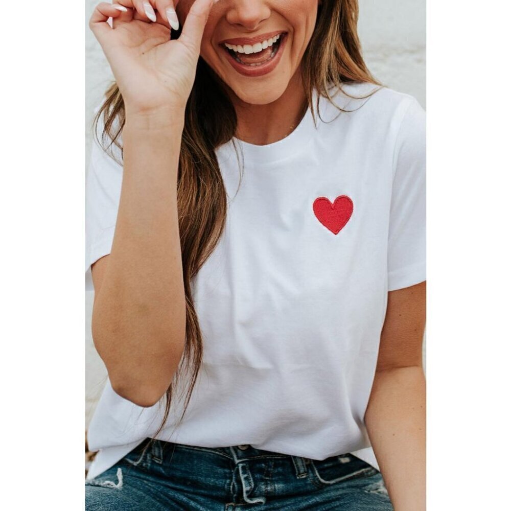 NWT KASSY White T Shirt Red Embroidered Heart